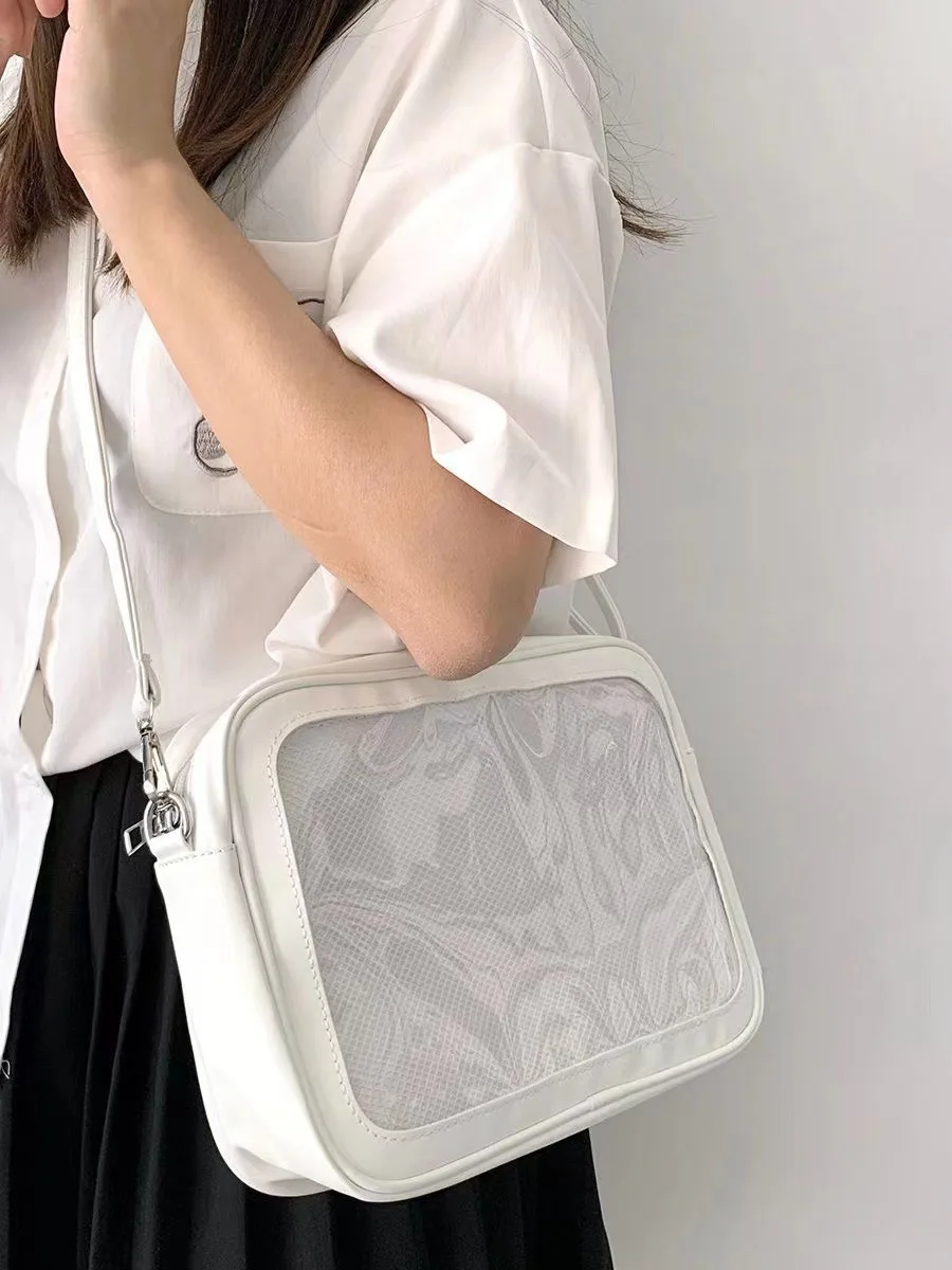 Custom Japanese Lolita Style PU Leather Pin Display Crossbody Shoulder Bag Girl Teenage Lovely Ita Bag With Clear PVC Window