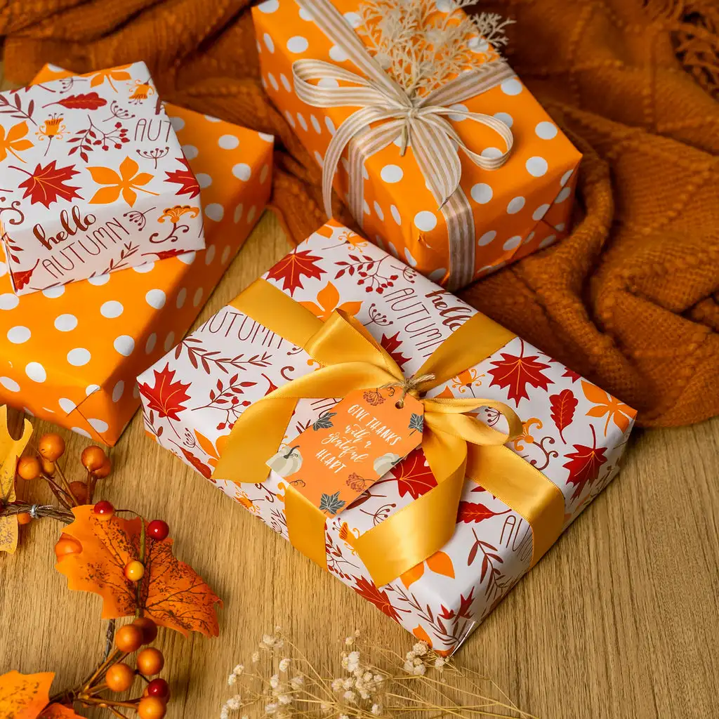 Maple Leaf and Orange Polka Dots Autumn Design Halloween Selection Design Printed Kraft Paper Roll For Flower And Gift Packing