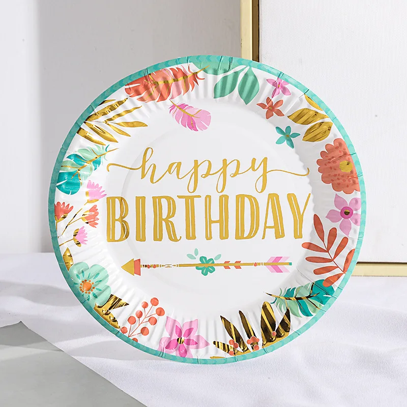 New 7-inch color paper plate printed hot stamping happy birthday party supplies disposable paper plate color food tray