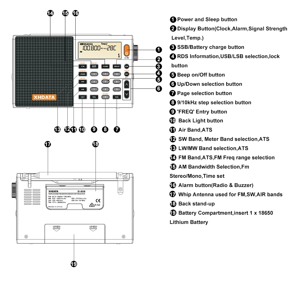 XHDATA D-808 Portable Professional Radio Digital FM Stereo/Shortwave/MW/LW/SSB Air Band Multi Band Receiver