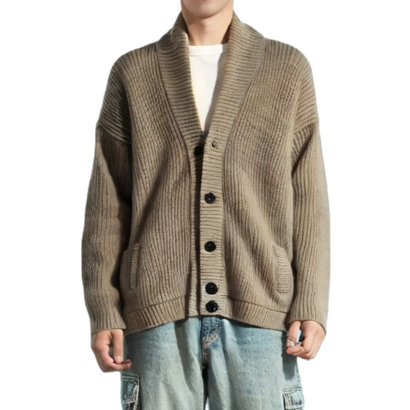Custom thick wool cashmere jacket winter loose lapel button knitted rib cashmere cardigan sweater for man