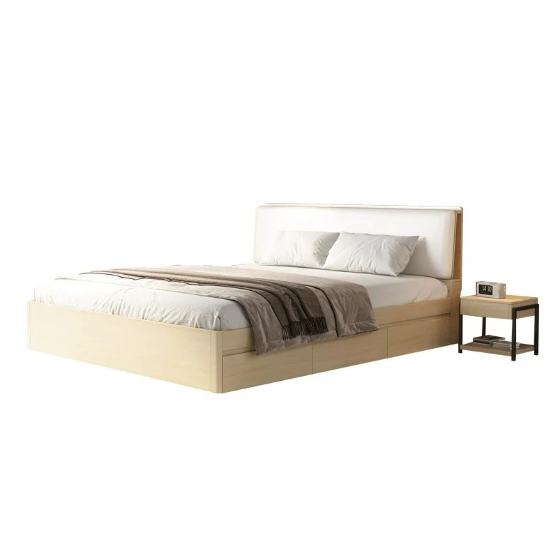 Solid Wood Upholstered Bed Log Wind Master Bedroom Double High Box Storage 1.8 Meters Girls Bedroom Beds