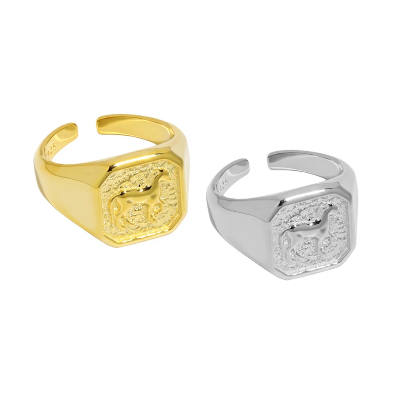 WuQie 925 Sterling Silver Personalized Square Ring 18K Gold Plated Jewelry Engraved Horse Ring