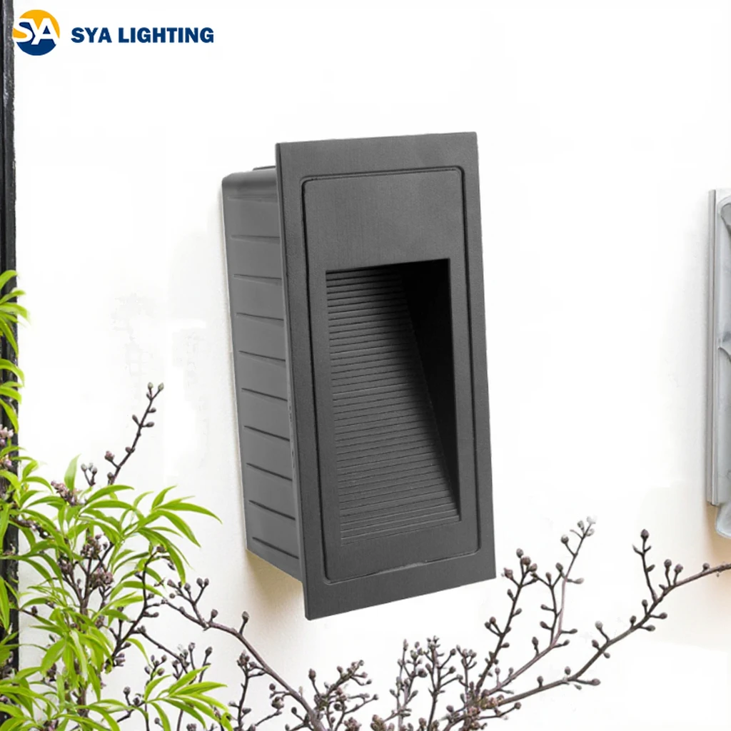 SYA-1108-7 Outdoor IP65 3W Square LED Step Light Aluminum Base Recessed Wall Lamp Footlight Hotel Villa Wall Mount Installation