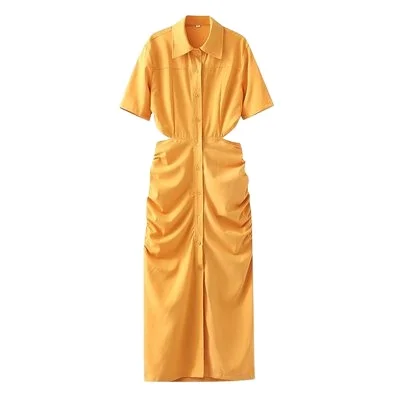 Factory Wholesale Cut-Out Backless Shirt-Style Cotton And Linen Summer Office Skirt European Clothing