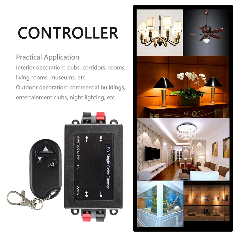 New LED Single Color Dimmer PWM Signal Controller DC 12-24V 8A 1 Channel with 3-Key RF Remote for 5050 2835 5730 LED Light Strip