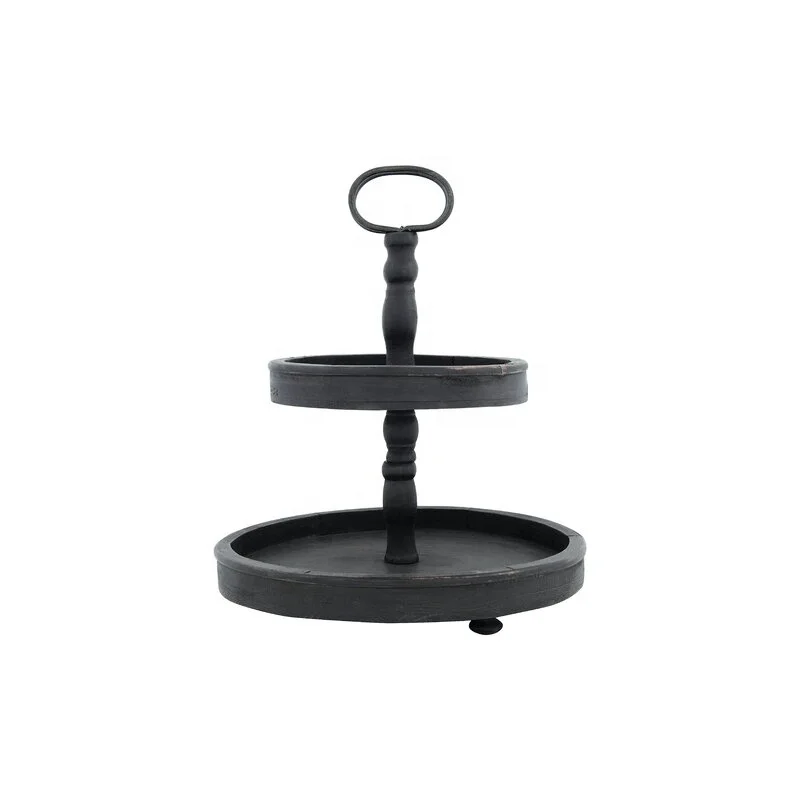 
Round 2-Tier Stand Ottoman/Rustic Black Coffee Table Tray/ Wooden Ottoman Serving Tray 