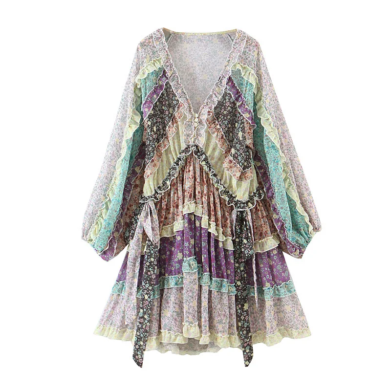 2021 New Arrivals Floral high quality holiday style silk print V-neck lantern sleeves ruffled two-piece mini dress