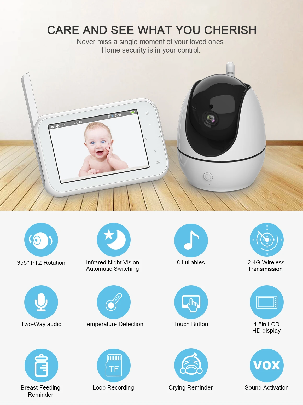 2023 new arrival baby care two way talk cry feeding temperature audio monitoring 2.4G wireless 720P video baby  monitor