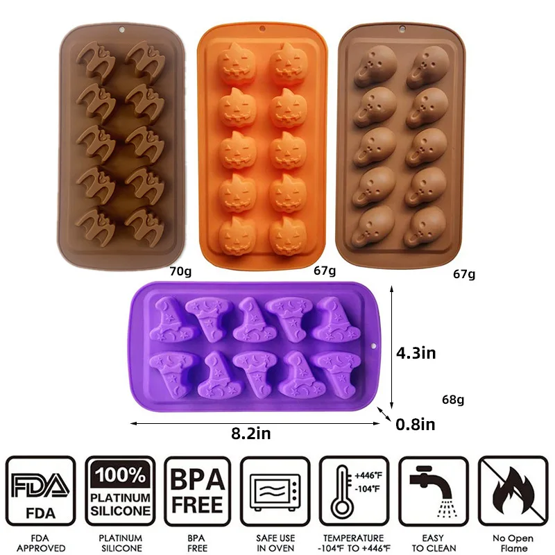 2426 Halloween Mold Pumpkin Skull Wizard Hat Bat Ghost Chocolate Chip Cookie Cake Mold