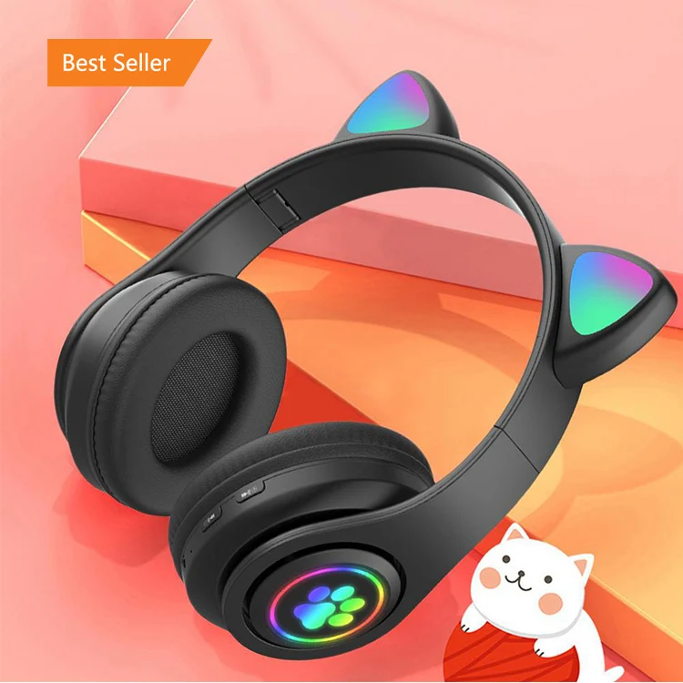 STN28 Flash Light Cute Cat Ear Headphones Wireless with Mic Can close LED Kids Girls Stereo Phone Music B39 Headset Gamer Gift