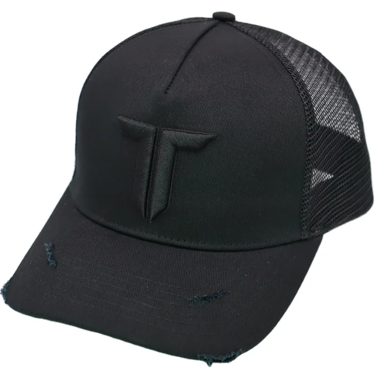 custom personalized 3d embroidery logo trucker cap black polyester 5 panel mesh trucker hat
