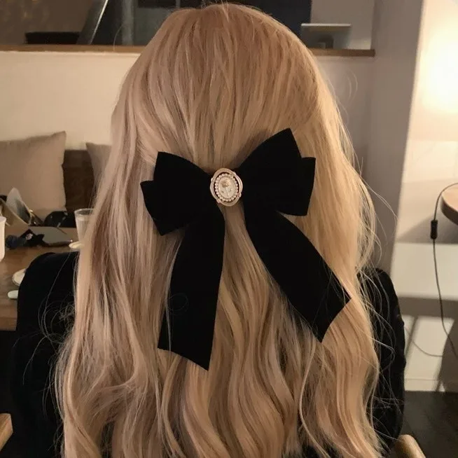 Black Velvet Rose Bowknot Spring Hair Clip Women Retro French Long Ribbon Bow Hairpin Hair Accessories