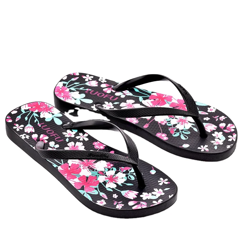 luofu PVC  flower print Outdoor Anti-slip Casual Quick Drying Pvc Comfortable Flat Flip Flops Slippers For Ladies