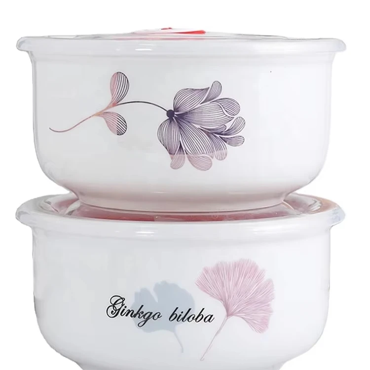 wholesale ceramic fresh-keeping bowl with cover threepiece set of instant noodles bowllunch box sealed bowlarge fresh-keeping