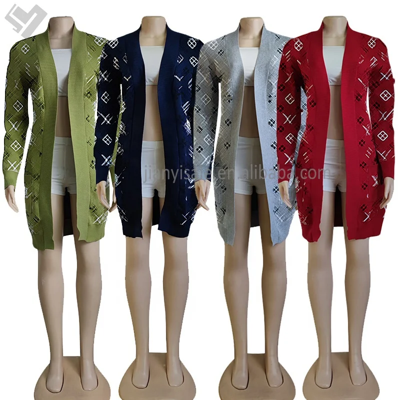 Famous Brand Women Fall Winter Luxury Clothing Contrast Color Knitted Cardigan Designer Print Long Sleeve Sweater Coat & Jacket