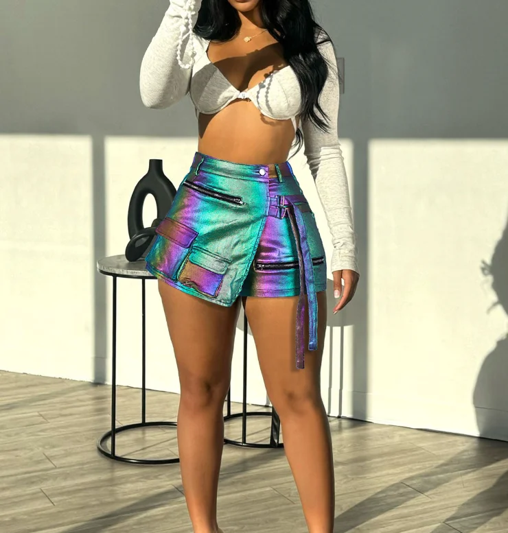 STOCK 6Colors High Elastic Leather Asymmetrical Mini Shorts Women Streetwear Summer Vintage High Waist Cargo Short Pants