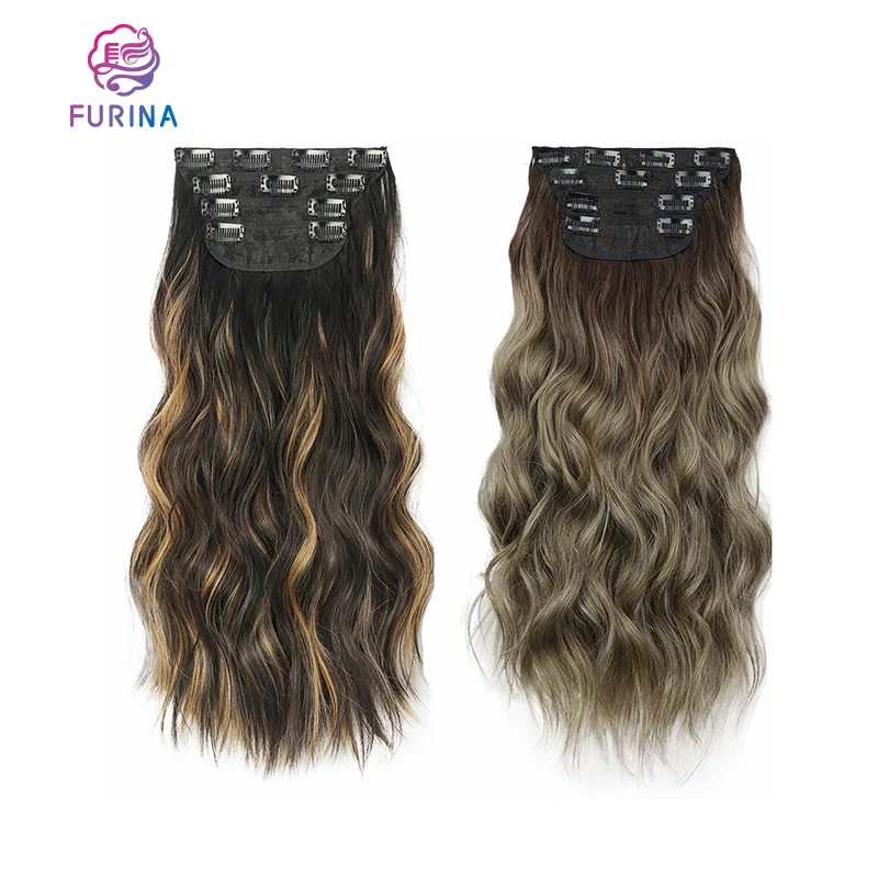 Furina wavy high quality natural curly long Europe and America 4 pcs 11 clips synthetic clips in hair extensions for women