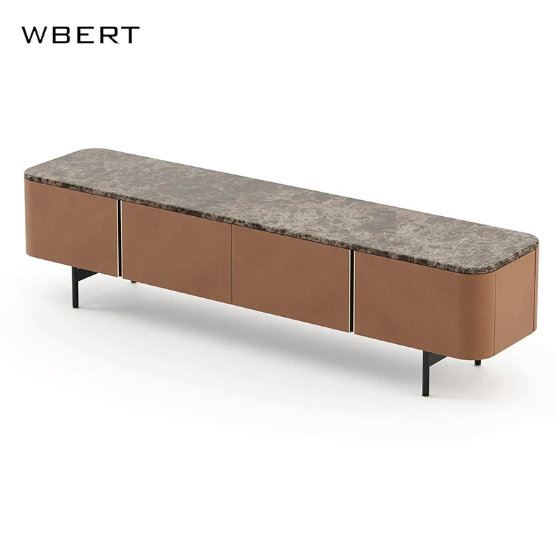WBERT Italian Minimalist Smoked Solid Wood TV Stand Modern Luxury Marble Surface  for Living Room Low Cabinet