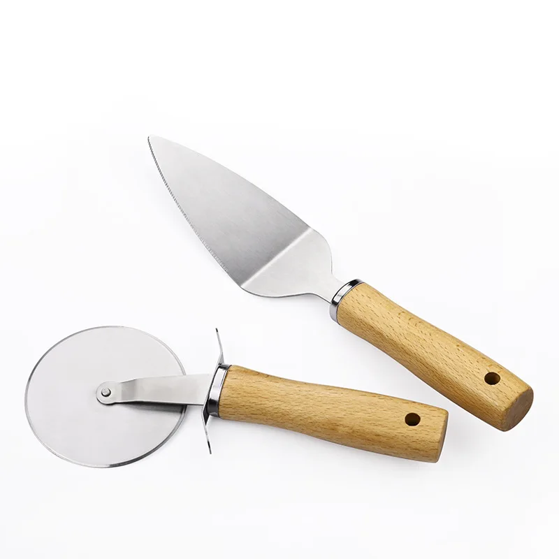  3Pcs Aluminum Pizza Peel Set With Wooden Handle Cutter Stone