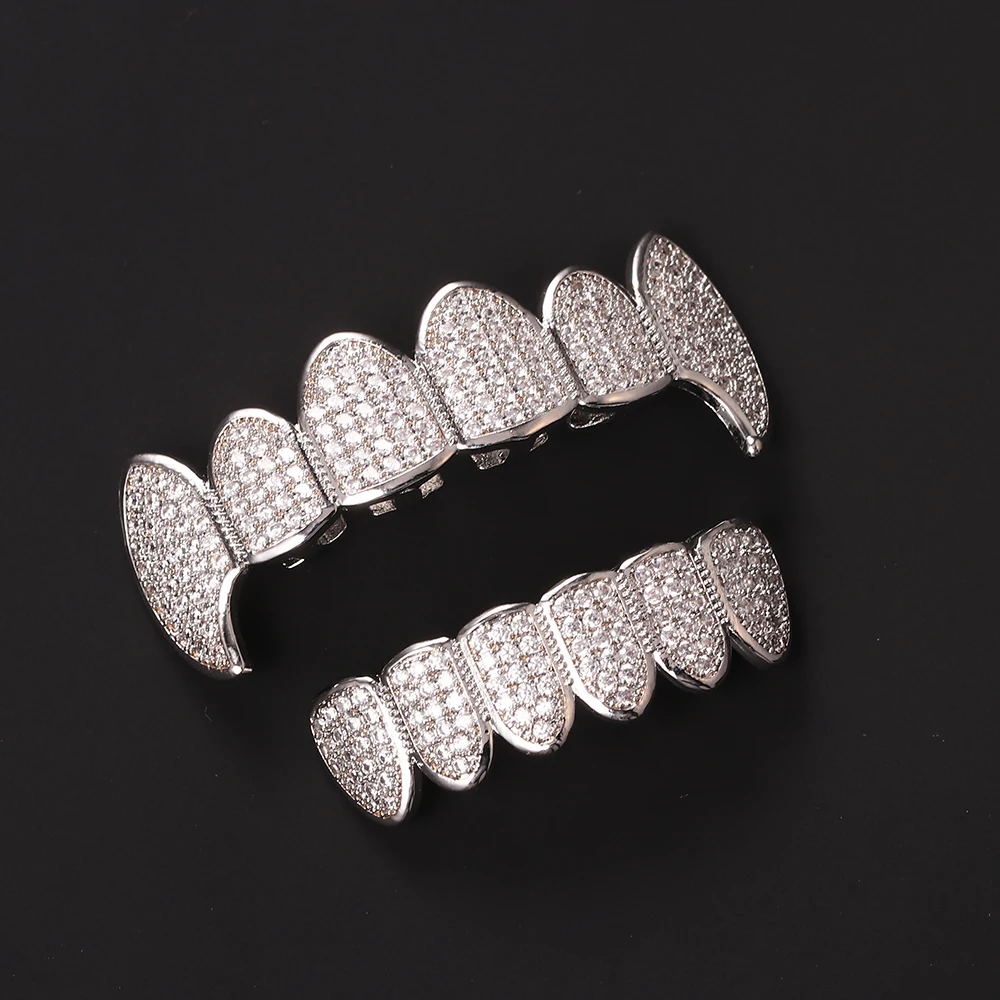 Iced Out Micro Pave CZ Teeth Grillz Top and Bottom Set 18k Gold Crystal Teeth Grills For Men Rapper Jewelry Wholesale