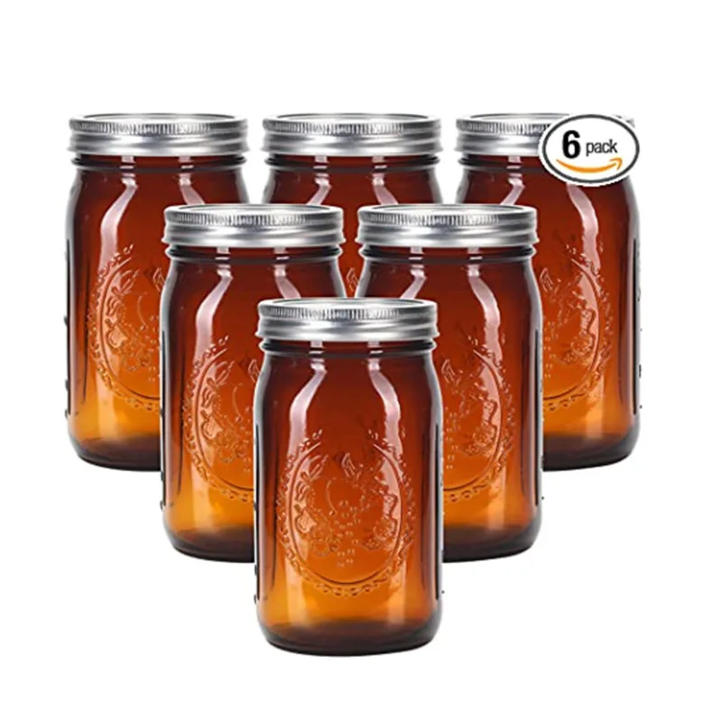 DD1834  Amber Glass 32 oz Wide Mouth Jam Mason Jars Beverages Storage Brown Canning Preserving Bottle with Airtight Lids