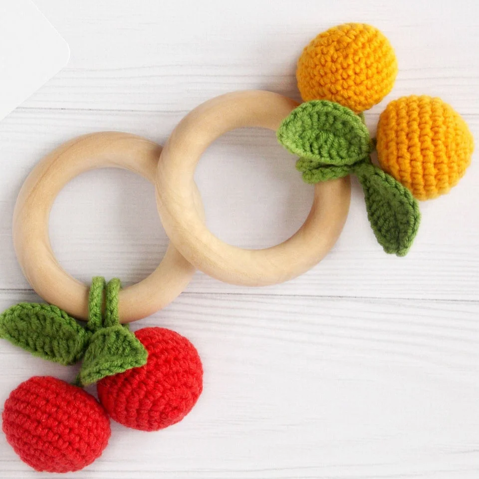 Crochet cherry rattle 1st birthday fruit crochet rattle with ring first toy amigurumi food developing toy easter basket