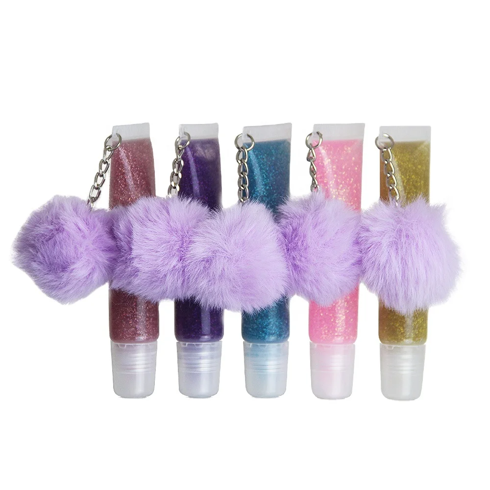 wholesale private label 10ml 20ml glitter lip gloss private label squeeze tube lip gloss with puff ball keychain