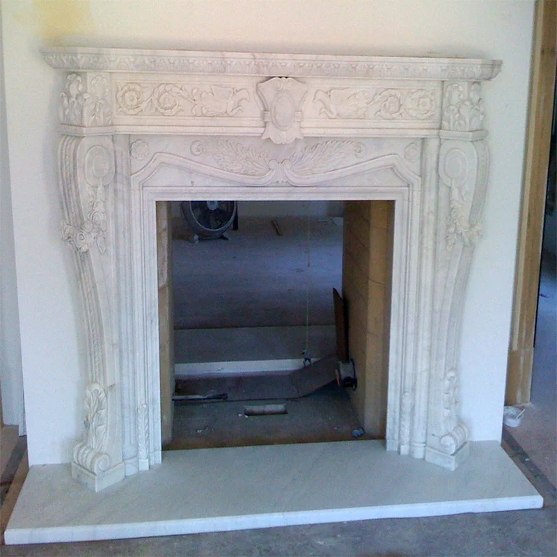 Decorative large white marble stone italian fireplace surround