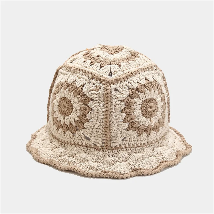 Custom Hollow Flower Winter Knitted Fisherman Cap Handmade Crochet Bucket Hat