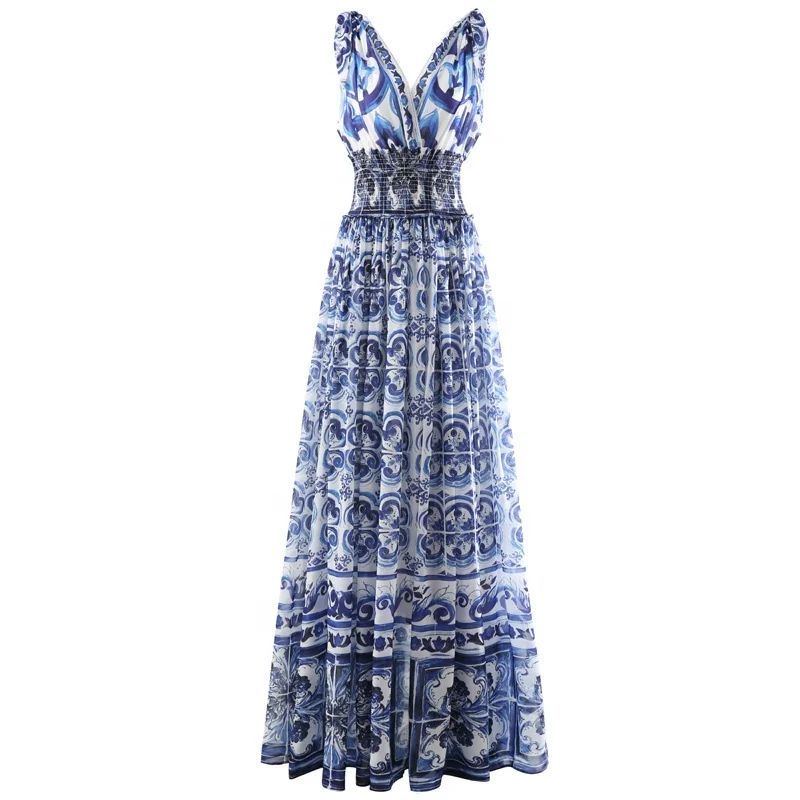 Summer New Print Streetwear High Waist Print Ladies Dress Sleeveless Strap Blue and White Porcelain Pattern Summer Beach Dress