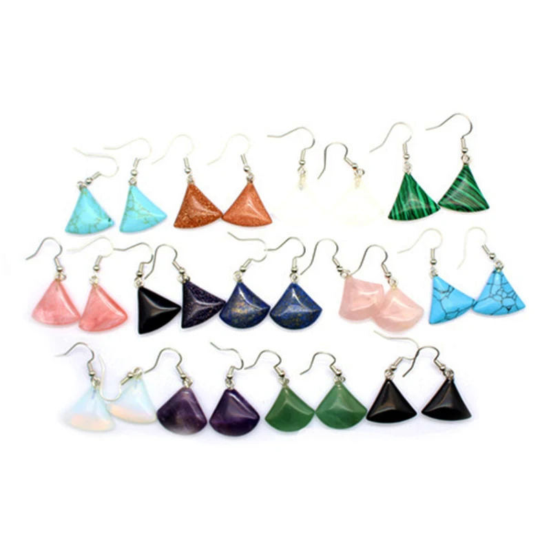 Wholesale Ethnic Wind Crystal Gemstone Earrings Amethyst Fan-shaped Earrings Healing Stone Ear Hook for Gift