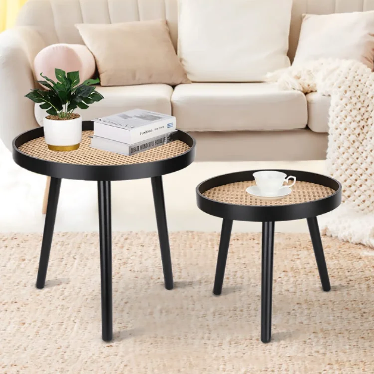 Modern set of 2 end tables for living room bedroom office black wood unique coffee table