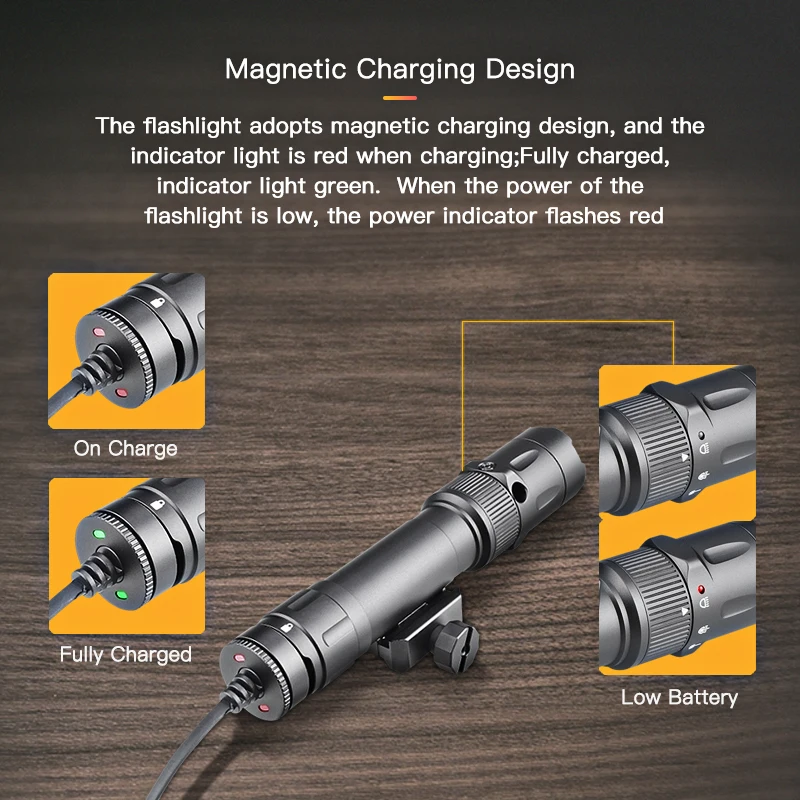 New High Power 2000 Lumens Magnetic USB Rechargeable Tactical Flashlight with Green Laser Combo with Remote Switch