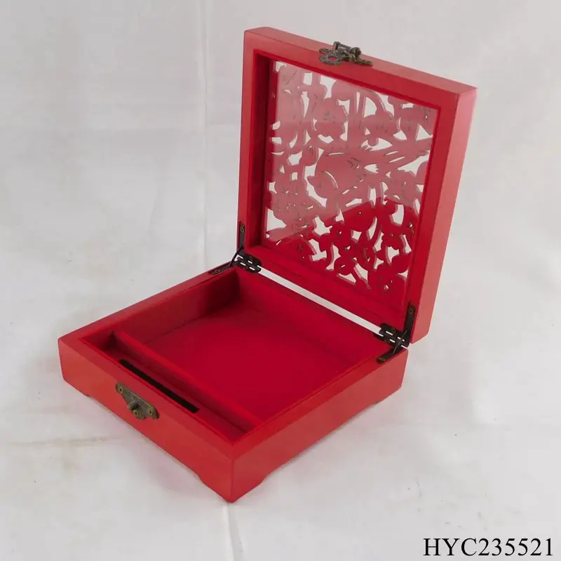 Custom Unfinished wood red painting engraving box wooden engraved gift box with hollow carved pattern lid for gift pack