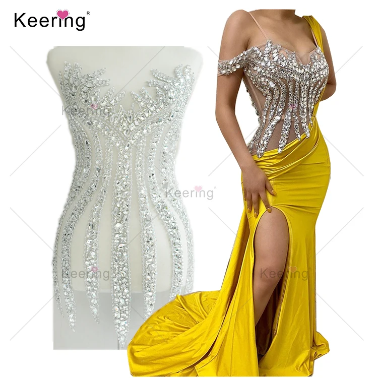 High End Handmade Keering Stock  Glass Dress Panel Crystal Bodice Applique WDP-109