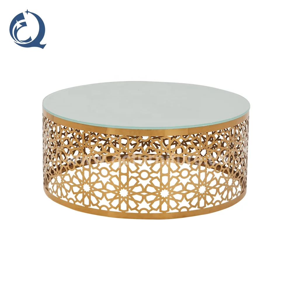 Arabic style gold drum coffee table modern design super white tempered glass top coffee table
