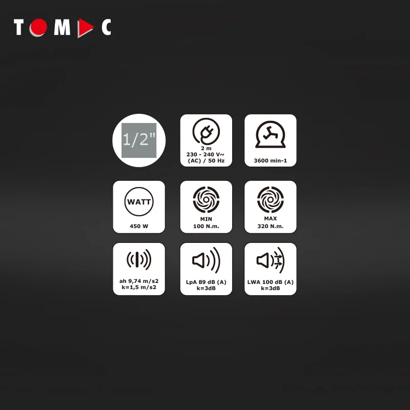 TOMAC CE Certified 230V Portable Electric Impact Wrench Forward Torque 100 Nm / Reverse Torque 350 Nm Cordless Power Tools