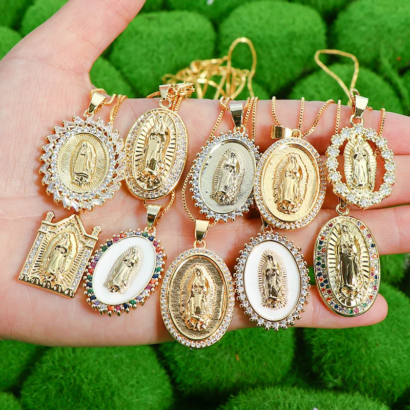 Real Gold Plated Rainbow CZ Oval Virgin Mary Pendant Necklace Trendy Gold Tone Religious Jesus Mary Necklace For Girls