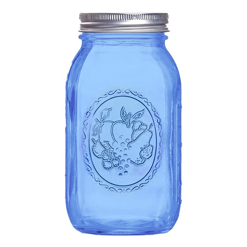 Regular mouth mason jar blue 32oz glass jar with metal airtight lid kitchen canisters for canning, pickling in bulk