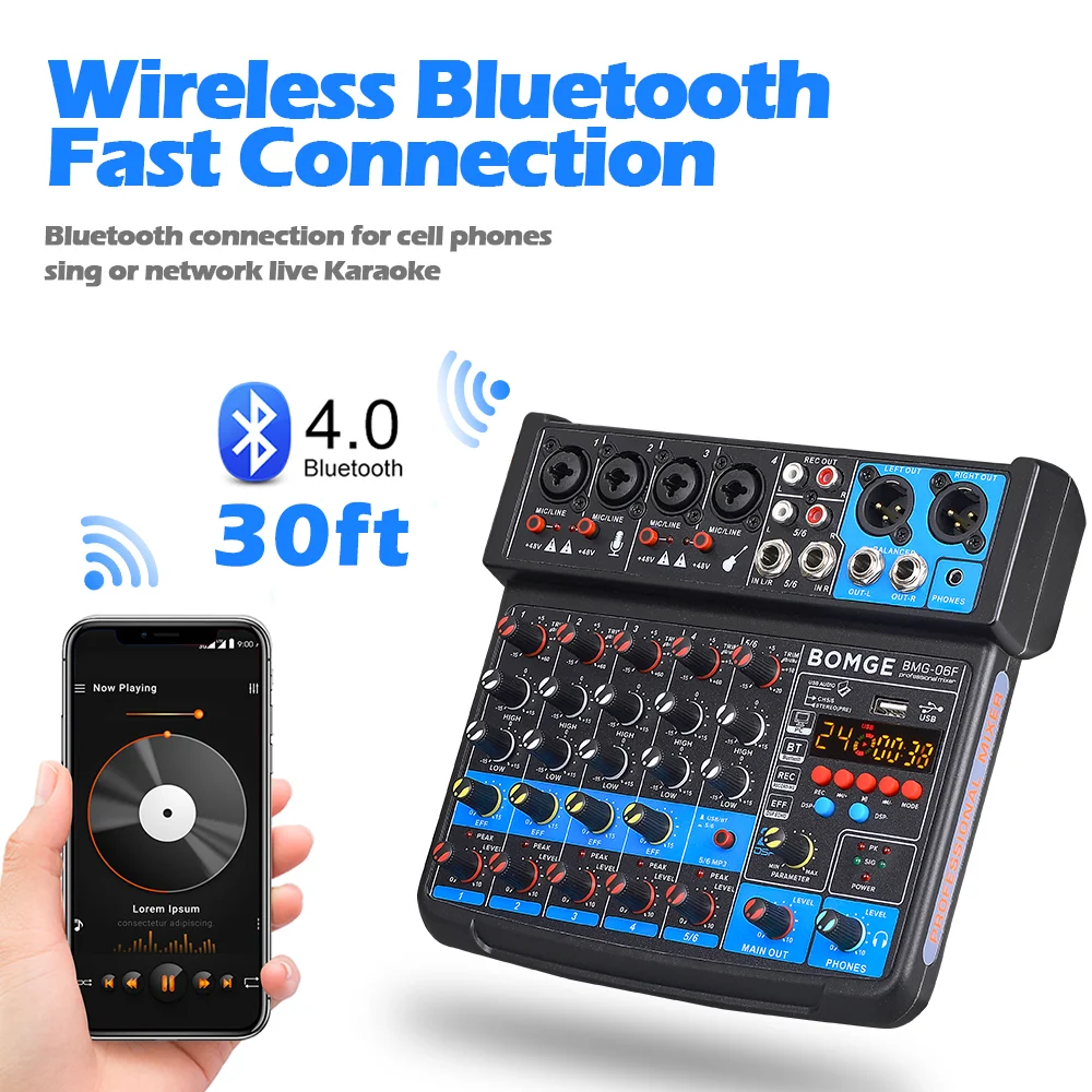 BMG-06F 6 Input Audio Mixer 6 Channel Analog Mixing Console with USB,48V,24 DSP