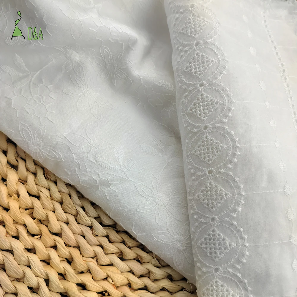 Wholesale  Embroidered Textile 100% Cotton White Embroidery Fabric High Quality For Garment