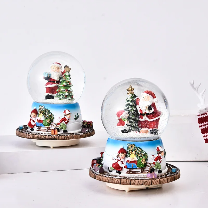 Resin Train Track Crystal Ball Music Box Custom Holiday Decorations Glass Water Balloons Christmas Musical Snow Globe