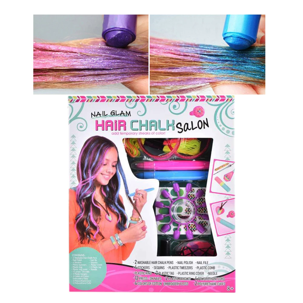 Beauty Play Set Press On Nails Polish Girls Toys Hair Chalk Makeup Set For Kids