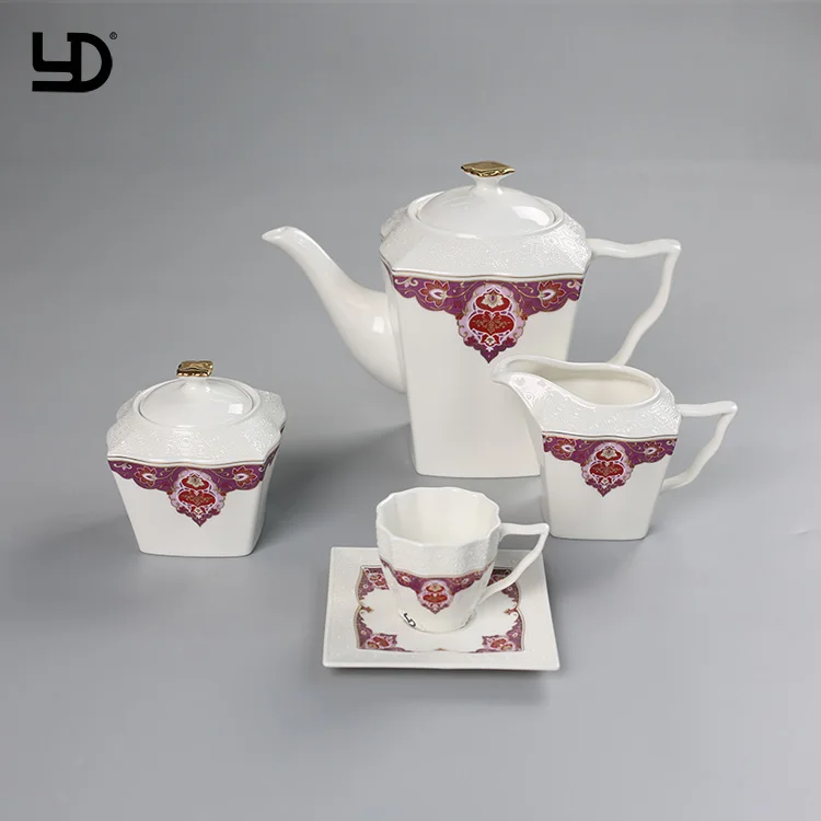 Royal Luxury Ceramic Tableware Dinner Set White Porcelain Embossed Dinnerware With Gold Purple Decal