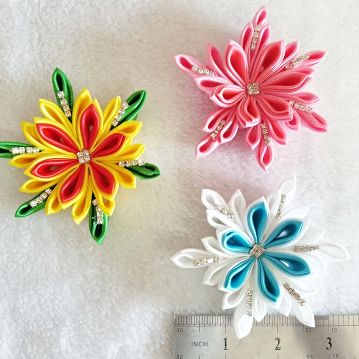 Red White Satin Flower with Rhinestone Pearl Barrettes Alligator Hair Bow Clips Pins Wholesale Hair Accessories for Baby Girls