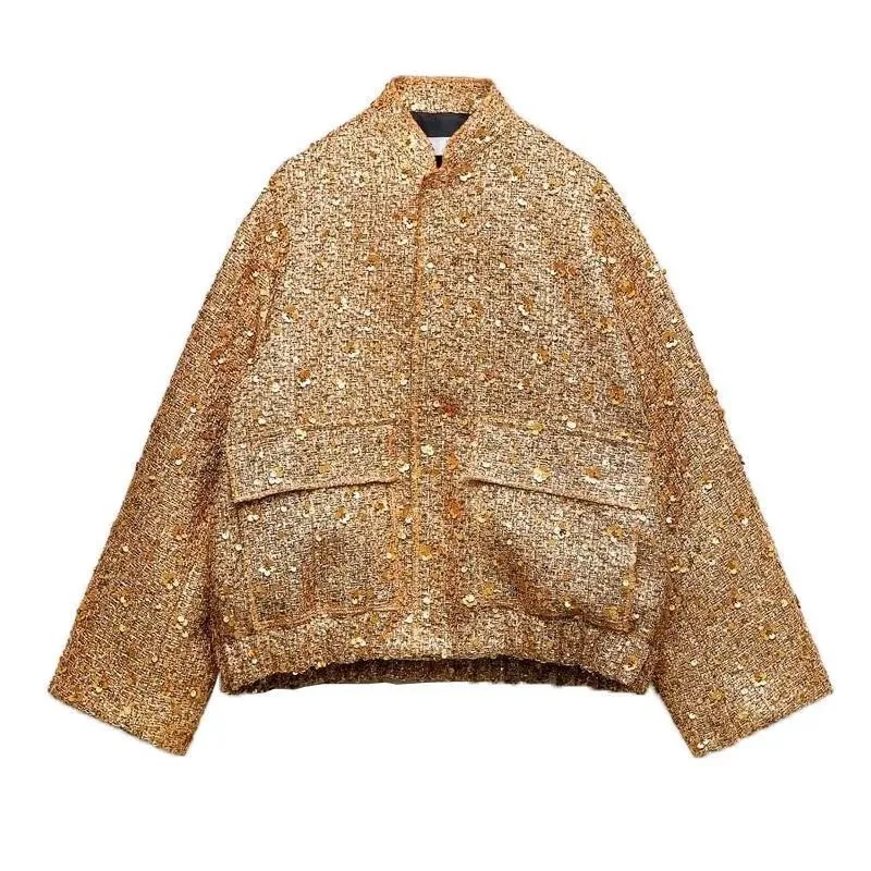 CHICEVER Winter Spliced Sequins Pocket Gold Long Sleeve Stand Collar Jackets for Women 2023 Casual Woven Standard High Street