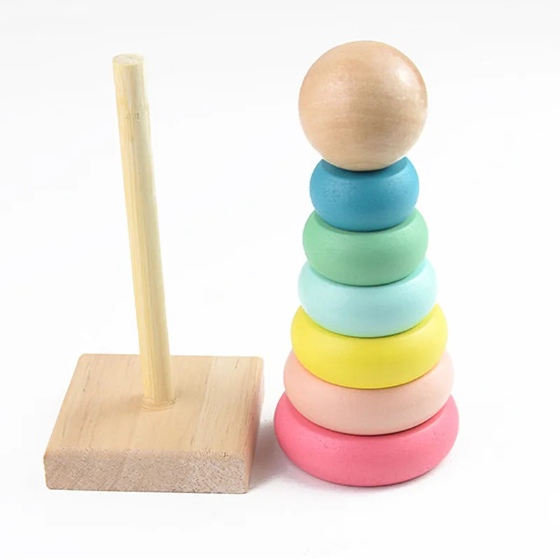 Color Cognition Montessori Rainbow Tower Wooden Stacking Rings Building Block Brain Developmental Toy