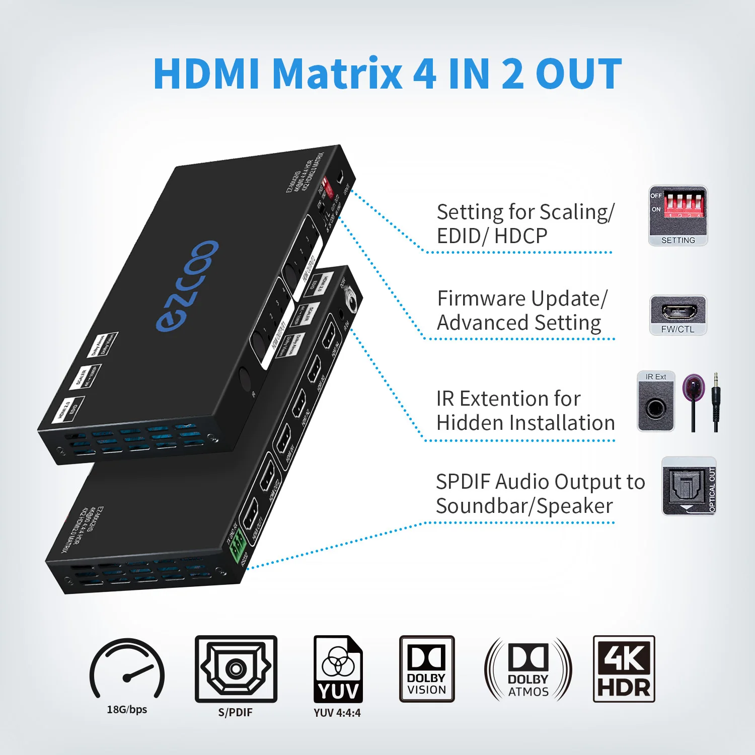 4K HD-MI Matrix Switch 4 In 2 Out with Audio Extractor CEC Down-scaler SPDIF Stereo Audio EDID Switch IR Remote Ext RS232