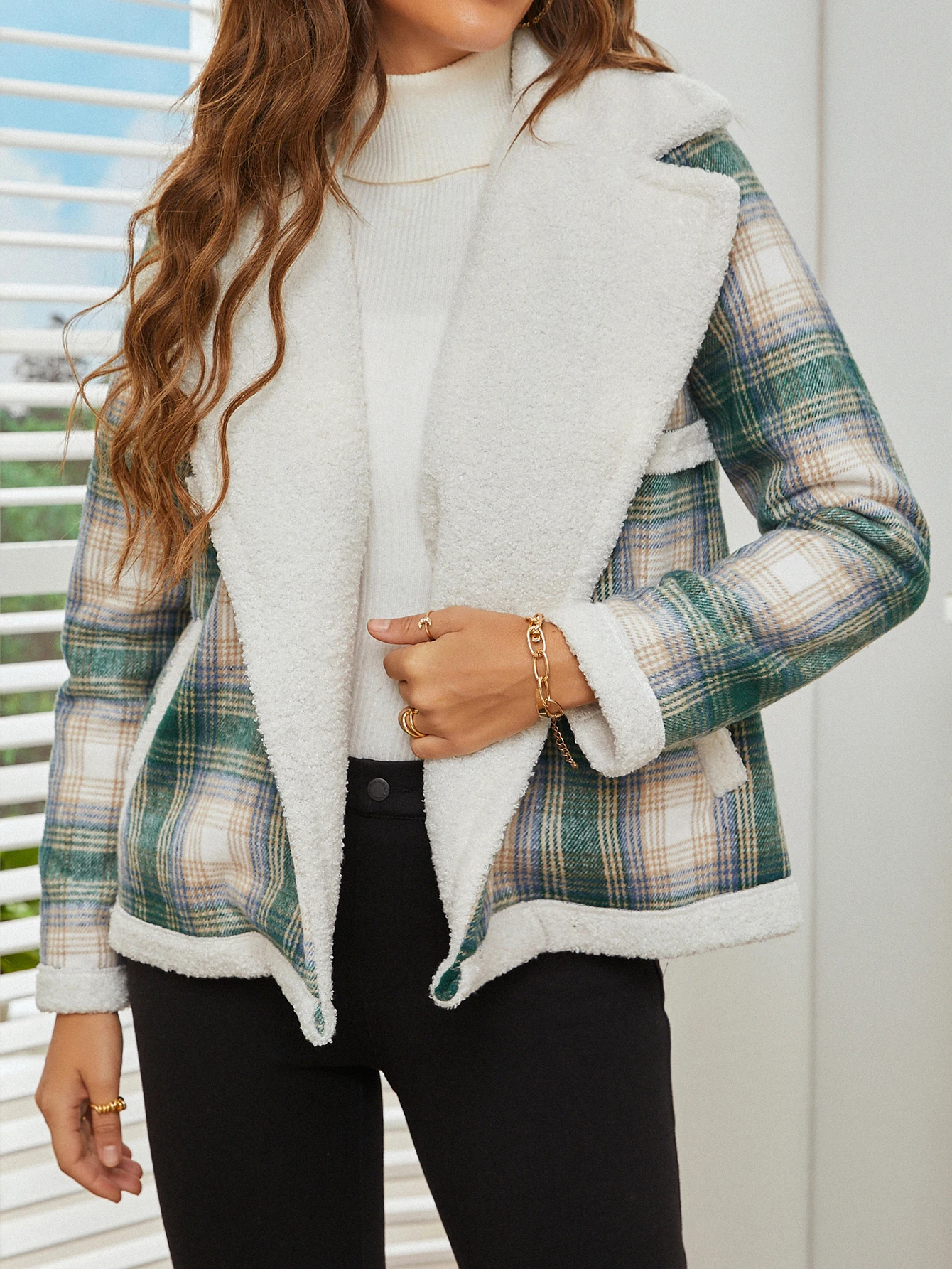 Lowest Price Manufacturer In Stock  Plaid Green Color Tweed  Elegant  Women Jacket  Casual Lady Coat